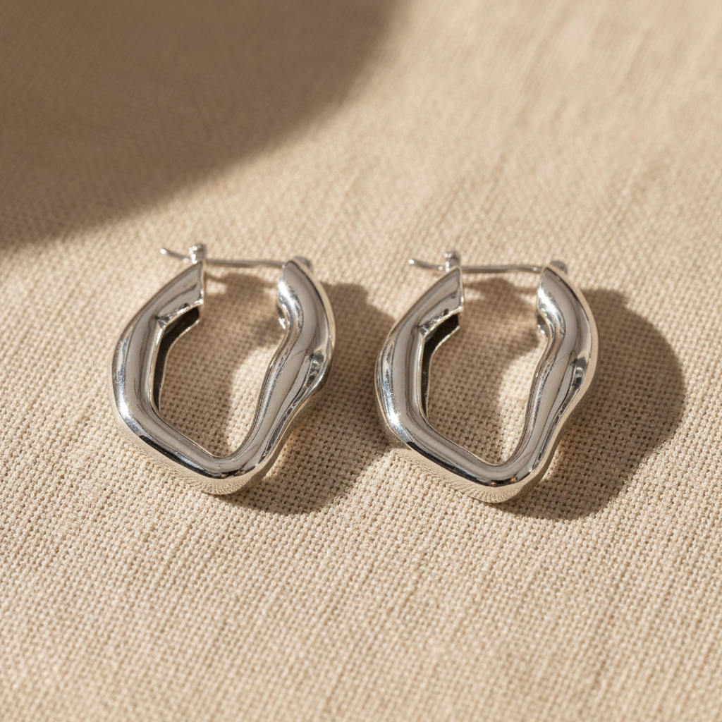 Aretes ARO ONDULADO plateado tubular con forma cuadrada orgánica ondulada y cierre de palanca