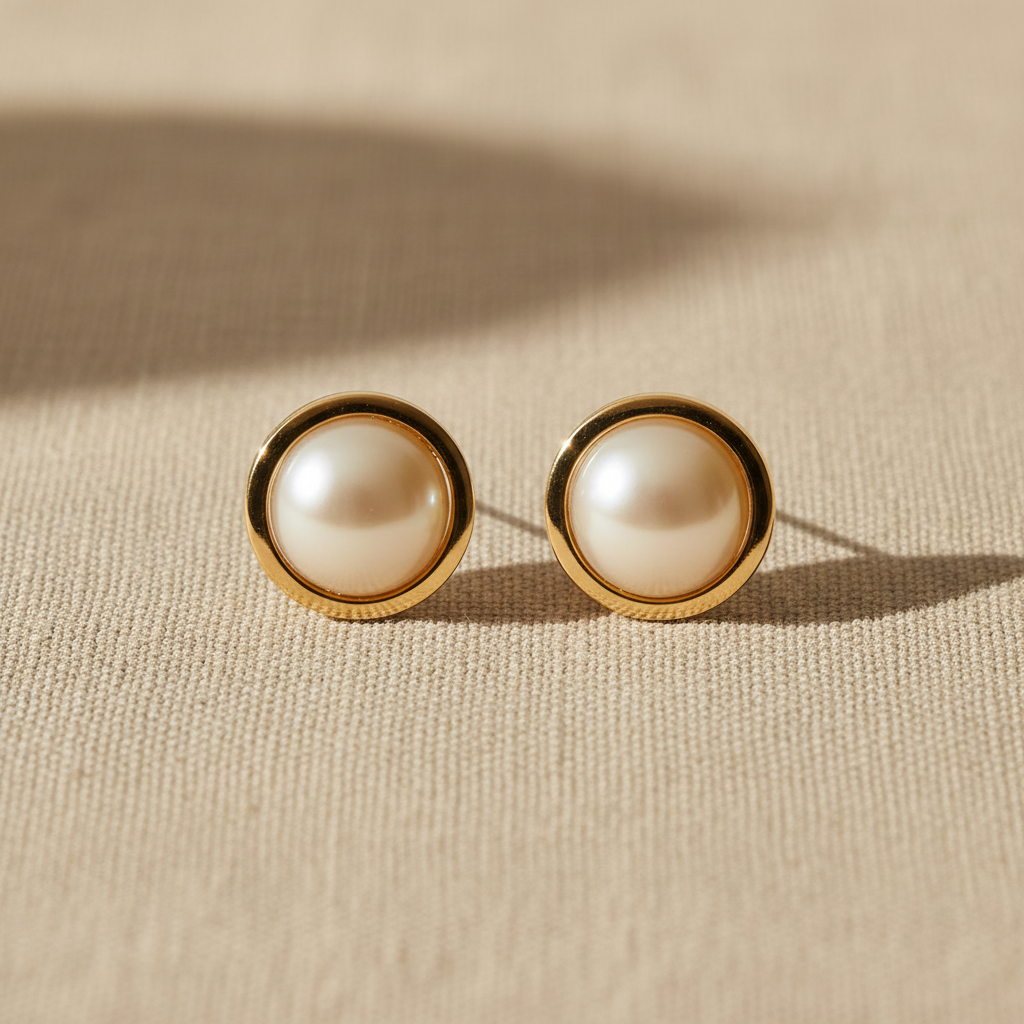 Aretes CÍRCULO NÁCAR tachón dorado circular con perla de nácar blanca en el centro
