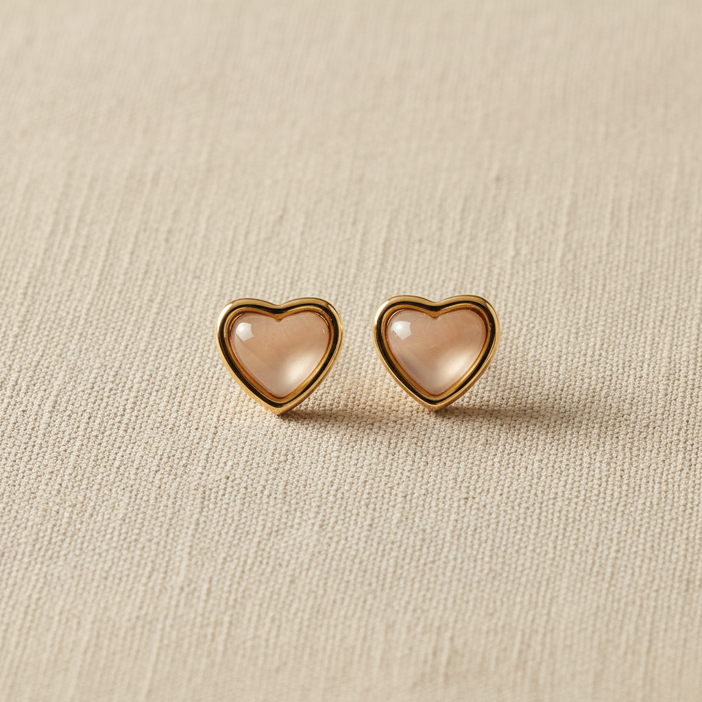 Aretes HEART ROSE tachón dorado en forma de corazón con cuarzo rosa suave