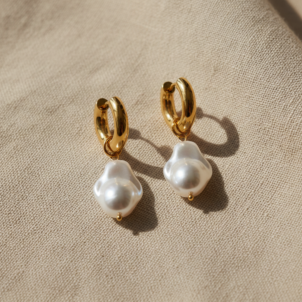 Aretes HUGGIE BARROCA dorados con perla barroca blanca grande colgante