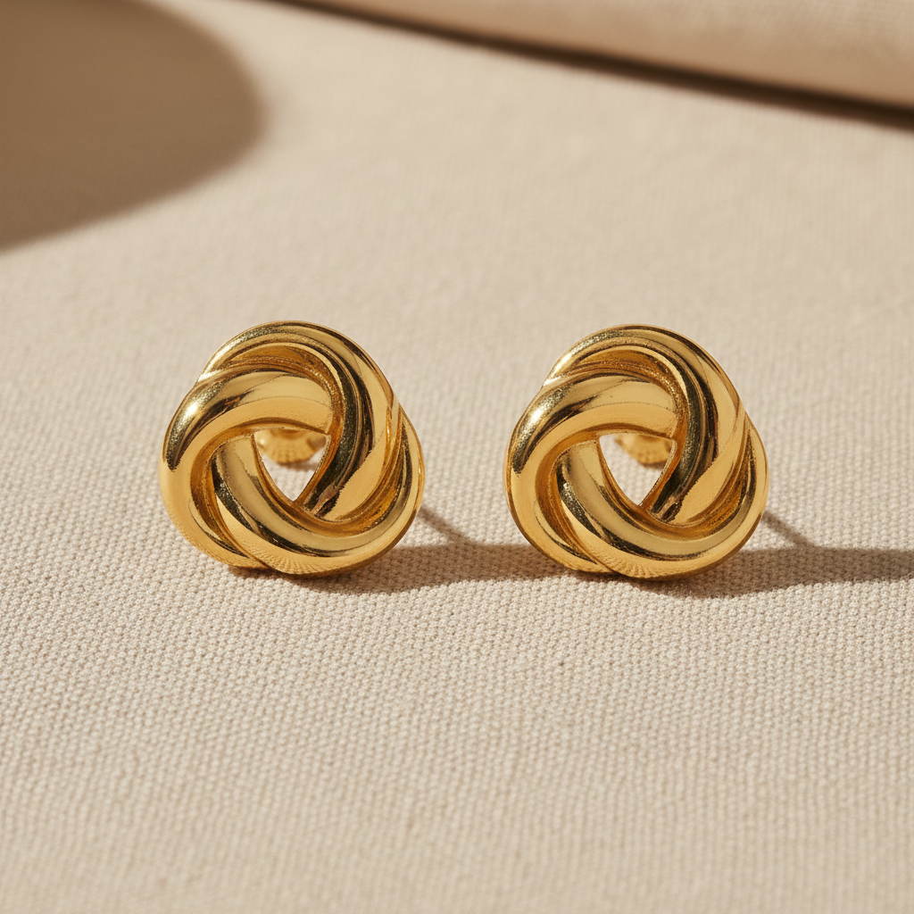 Aretes NUDO TRIPLE tachón dorado con triple aro entrelazado en espiral