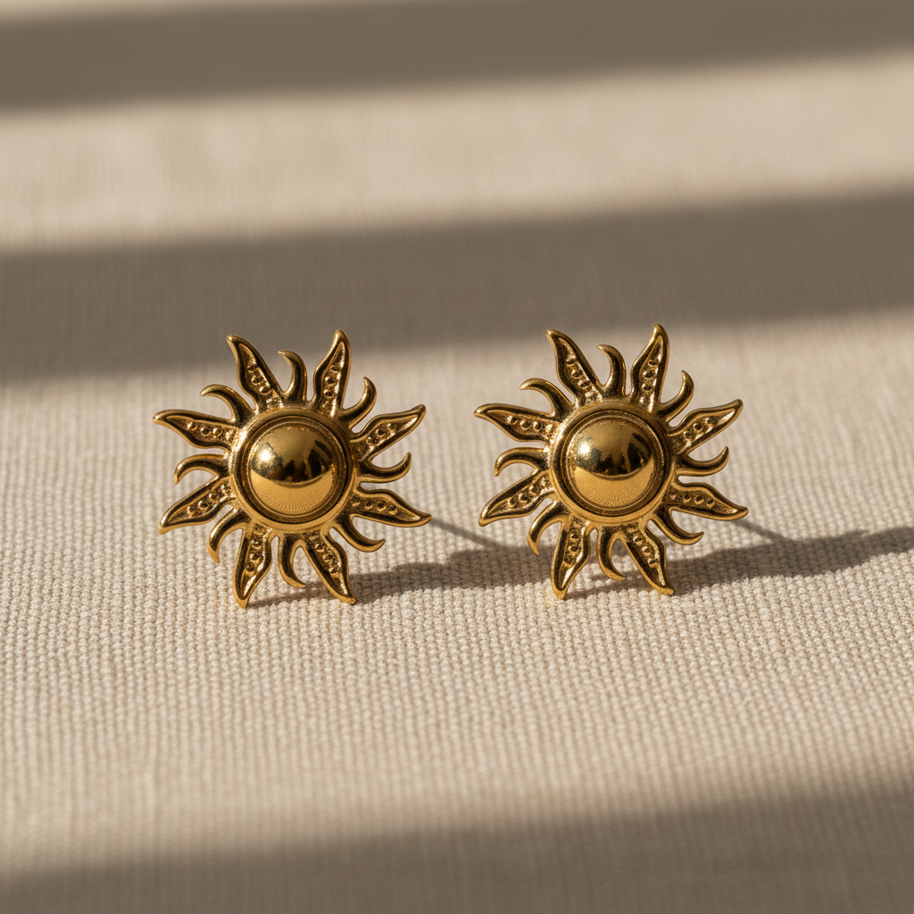Aretes SOL DORADO tachón en forma de sol con rayos texturizados y centro esférico dorado