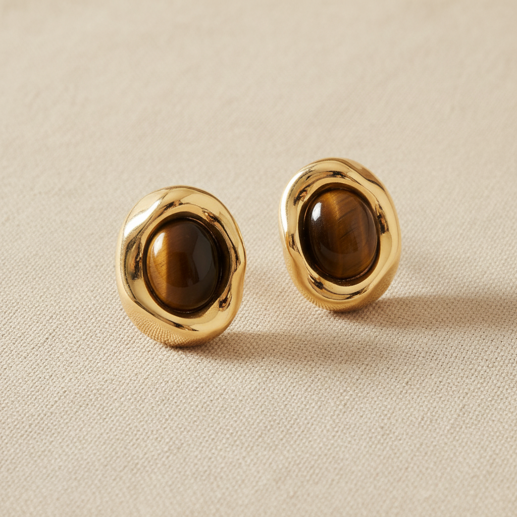 Aretes OJO TIGRE tachón dorado orgánico con piedra de ojo de tigre marrón