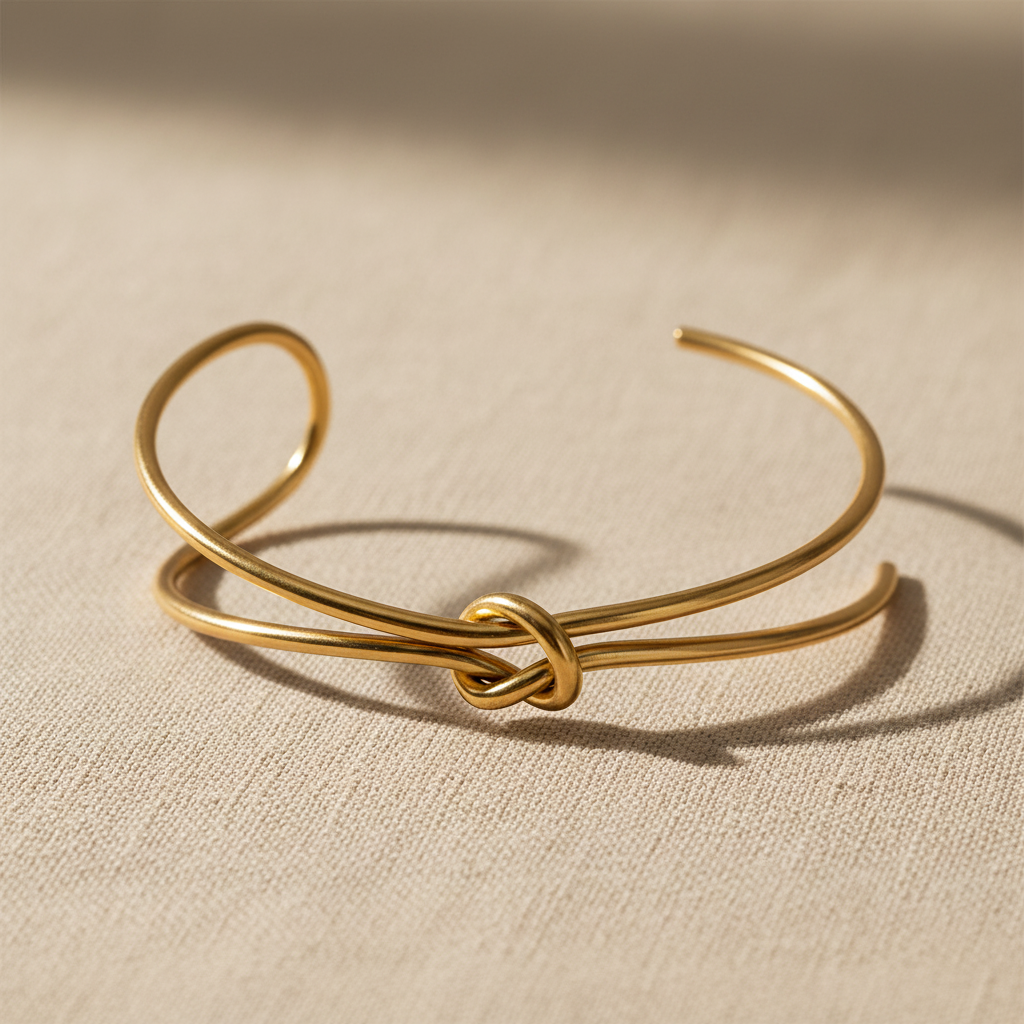 Brazalete NUDO dorado con nudo central sobre lino beige