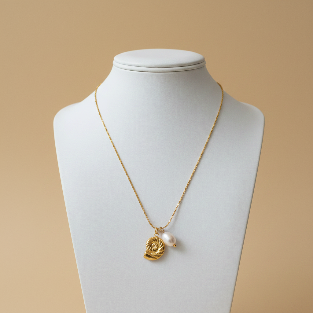 Collar CARACOL PERLA cadena dorada con dije de caracol texturizado y perla barroca
