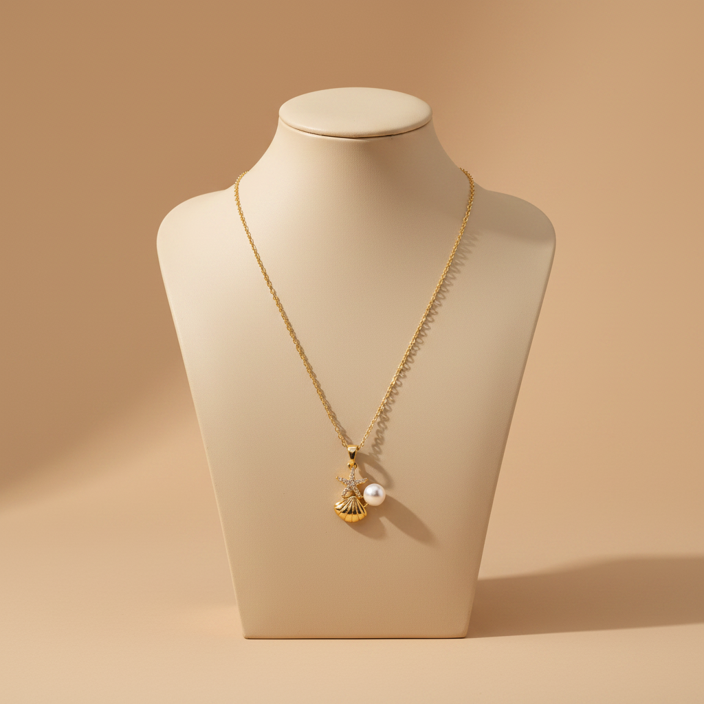 Collar NEREA cadena dorada con dije de concha, estrella de mar con cristales y perla barroca