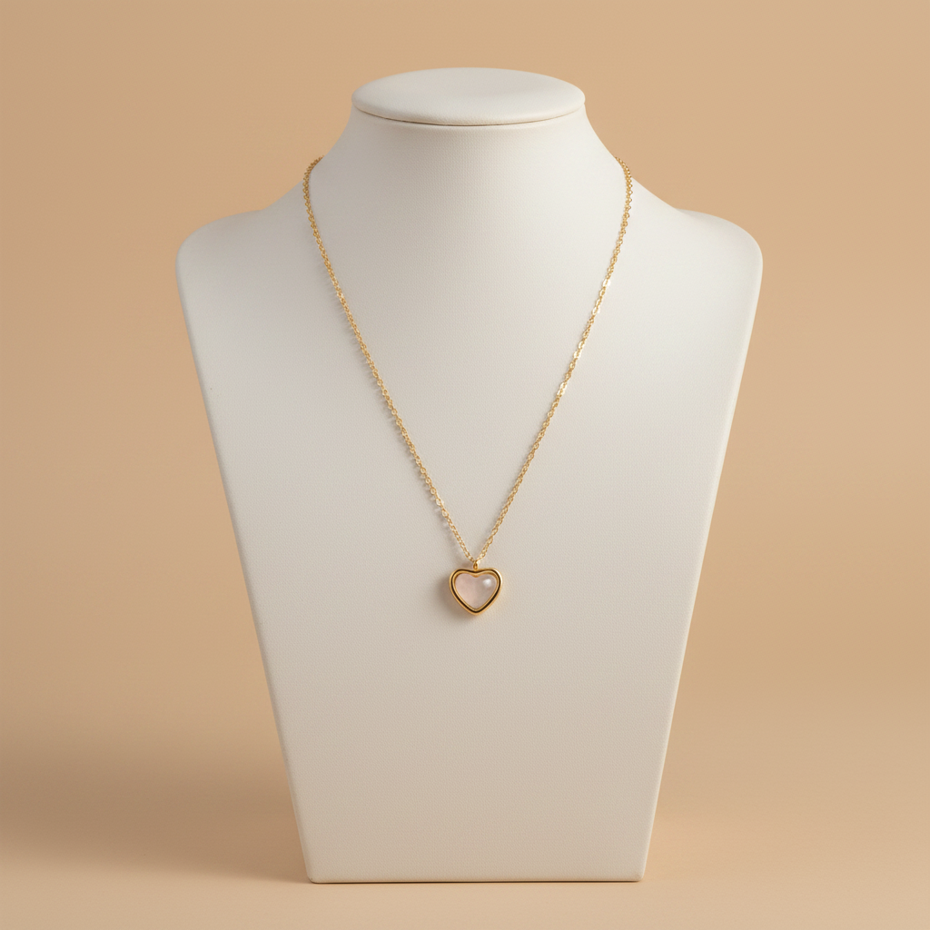 Collar CORAZÓN ROSA cadena dorada con dije de corazón en cuarzo rosa