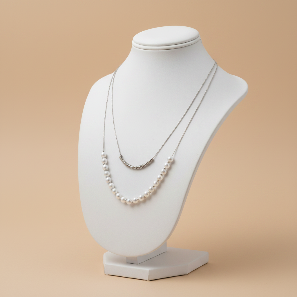 Collar DÚO PERLAS doble cadena plateada con perlas blancas y barra de aros