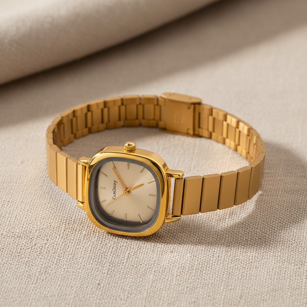 Reloj ZIA dorado con caja cuadrada orgánica, carátula champagne y correa de eslabones dorados