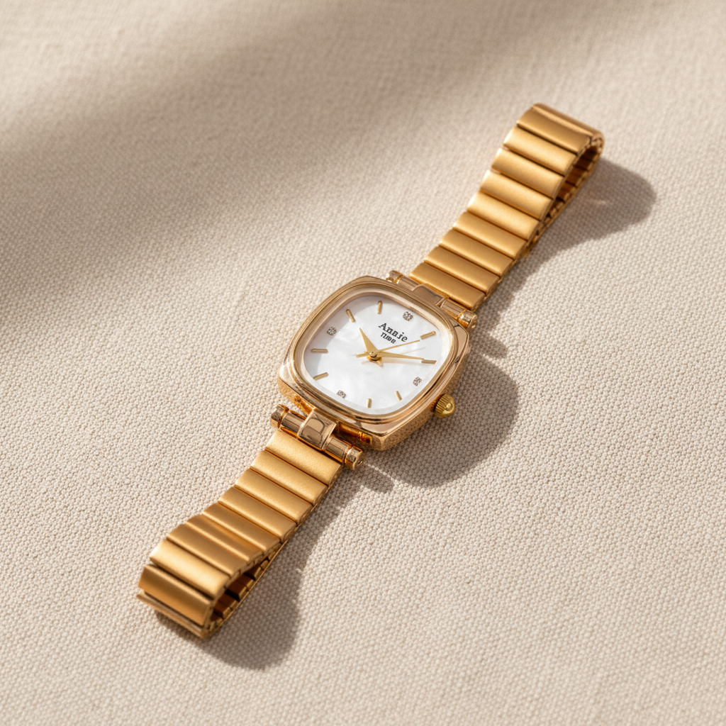 Reloj NÁCAR GOLD dorado con caja cuadrada redondeada, carátula de nácar blanco y correa de eslabones dorados