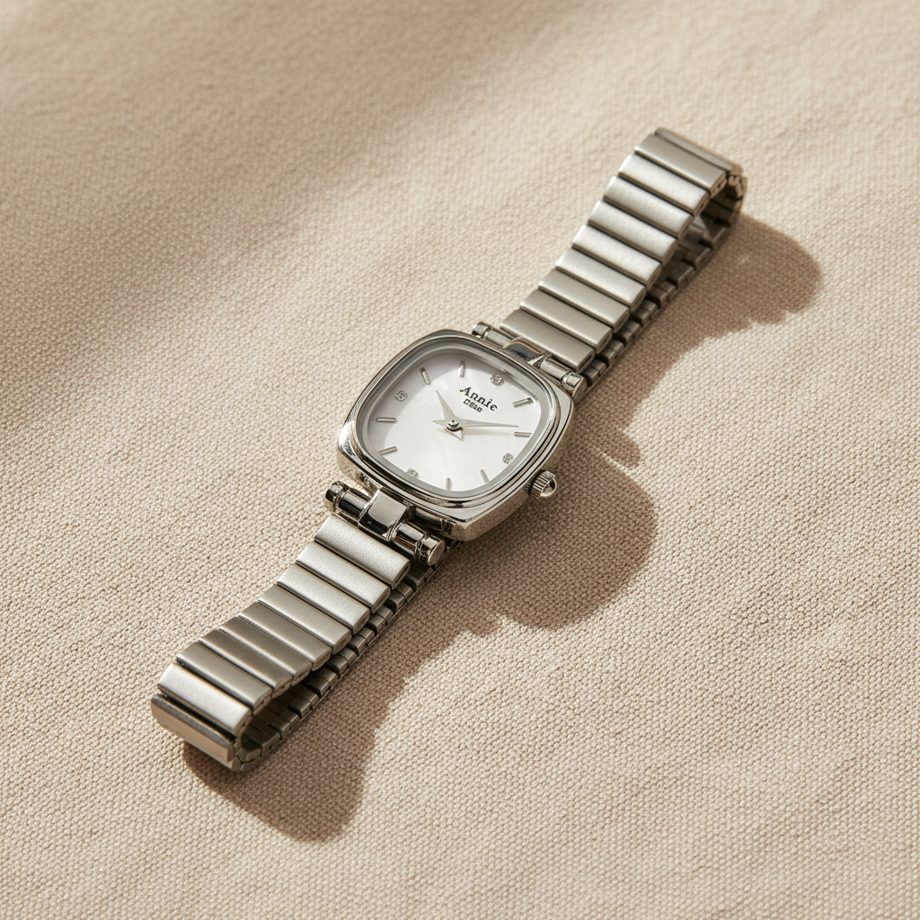 Reloj NÁCAR SILVER plateado con caja cuadrada redondeada, carátula blanca y correa de eslabones plateados