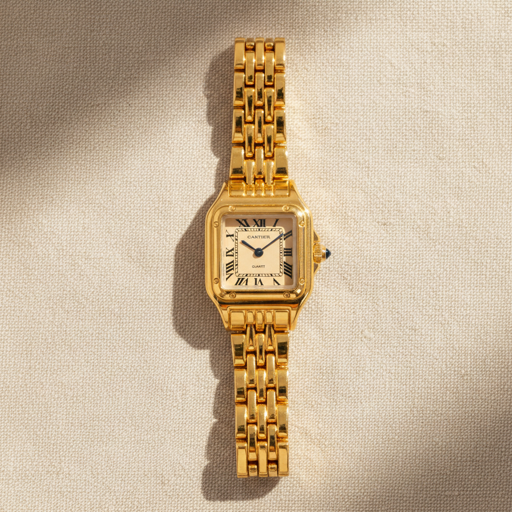 Reloj PANTHÈRE GOLD dorado con caja cuadrada, carátula crema con números romanos y correa de eslabones dorados