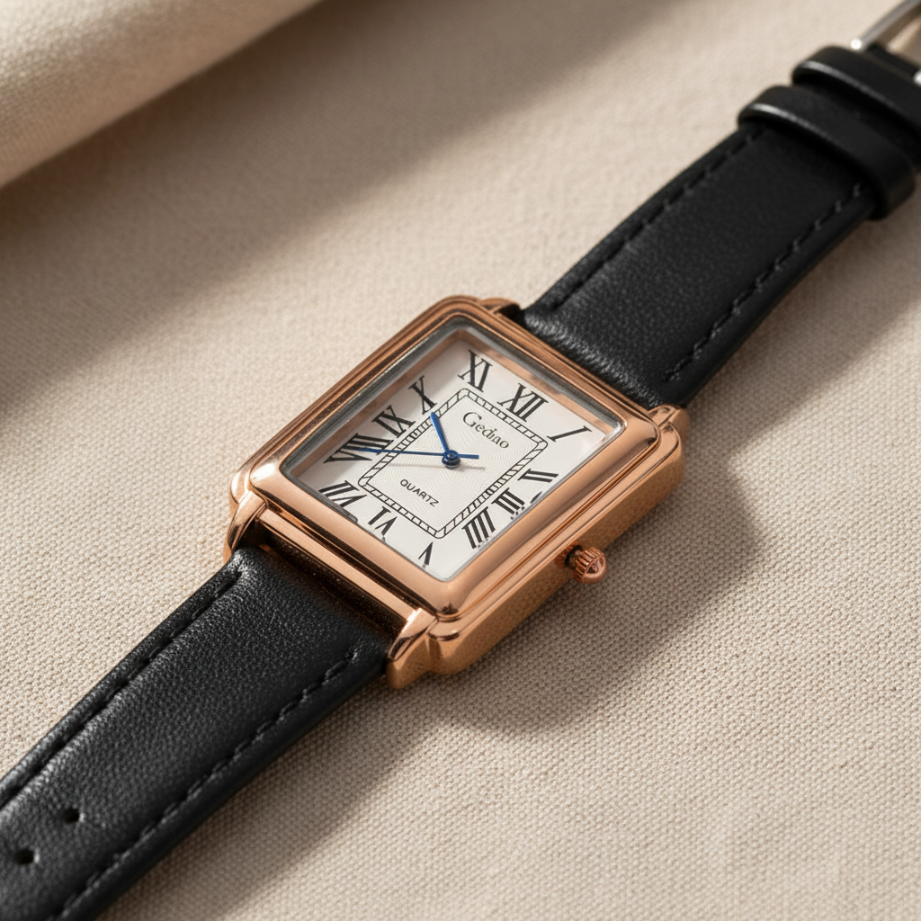 Reloj TANK ROMANO rose gold rectangular con carátula blanca, números romanos y correa de piel negra