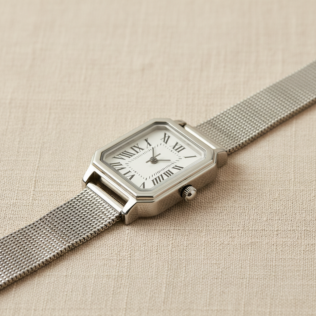 Reloj SANTOS MESH plateado con caja octagonal, carátula blanca con números romanos y correa mesh plateada