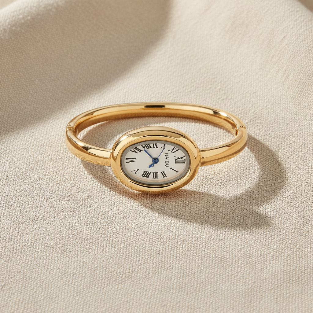 Reloj BANGLE ROMANO GOLD dorado con caja ovalada, carátula blanca con números romanos y brazalete bangle dorado